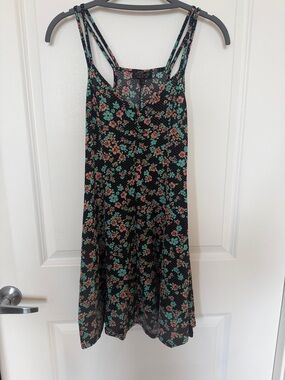 Topshop Black Floral Button-Front Tank Dress with Pink & Teal Flowers